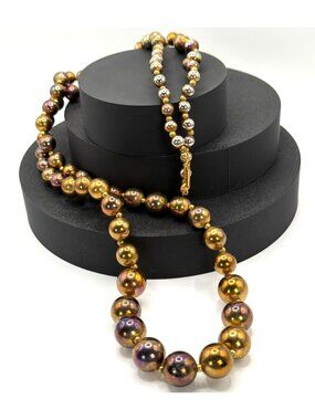 Dauplaise 34" Long Iridescent Bronze Metallic Graduated Bead Necklace 1980s VTG